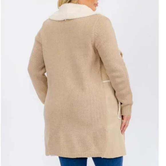 OnTwelfth Women’s Plus Size Open Front Faux Suede & Sherpa Lined Coat – Beige - Picture 10 of 12